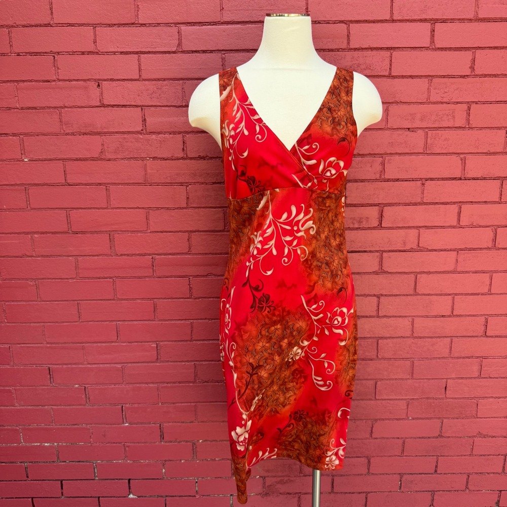 Vtg Y2K F.L.P. Faith Love & Passion Womens Dress Size L Red Brown Floral Boho